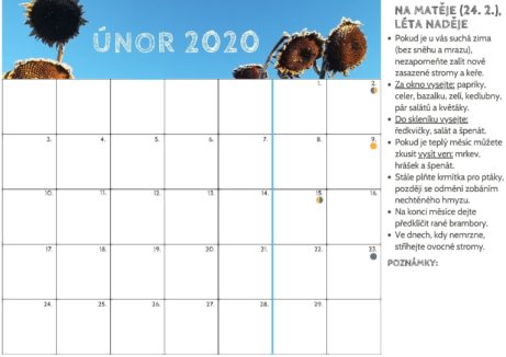 kalendář k tisku na únor 2020 s poznámkami, na co nezapomenout